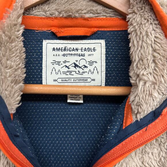 American Eagle Sherpa Fleece Jacket Brown w/ Orange Trim Size M. - Picture 2 of 8